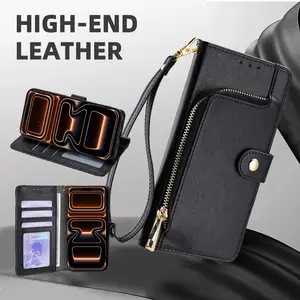 Zipper Wallet Phone Case with Card Slot, Adjustable Stand, Shockproof Protection, Flip Cover Leather Look for iPhone 16e/17e/17 Air Pro Max