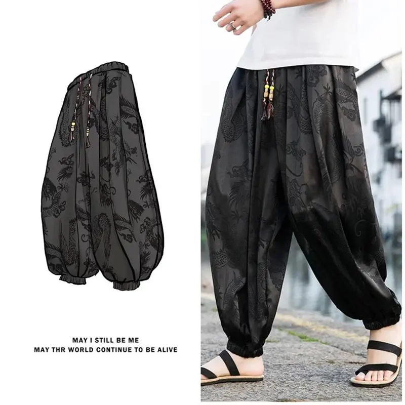 Men's Dragon Print Wide-Leg Trousers in Lightweight Ice Silk, Casual Full-Length Loose-Fitting Style