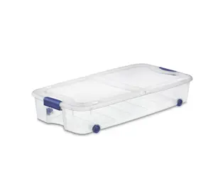 Sterilite 66 Quart Latching Underbed Wheeled Storage Bin, Clear Plastic Storage Container with Latch Lid, Blue