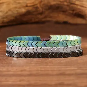 Natural 3colors Hematite Energy Arrowhead Stone Handmade Healing Calming Balance Men's Adjustable Handmade Bracelet