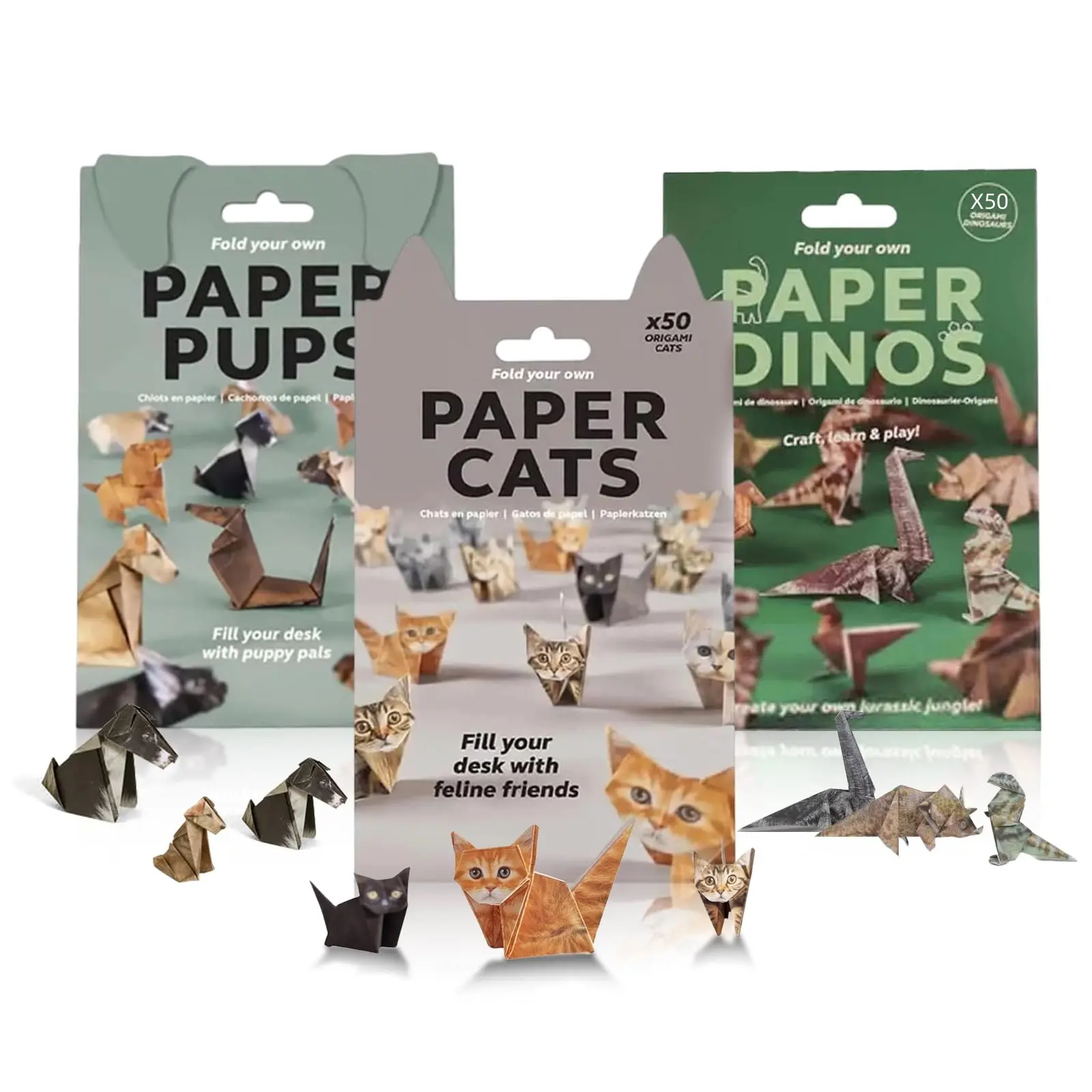 DIY Paper Cats - 50 Sheets DIY Origami Paper, Cute DIY Origami Set to Fold Cute Cats Pups Dinos Figures, Perfect Desktop Origami Decoration Creative Gift (Cat + Dog + Dino)