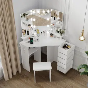 【GARVEE】Corner Makeup Vanity Desk with Tri-Folding Mirror, Adjustable Brightness, 5 Rotating Drawers, Ample Storage, Power Outlet, and Stool - Ideal for Bedroom Use and Organization