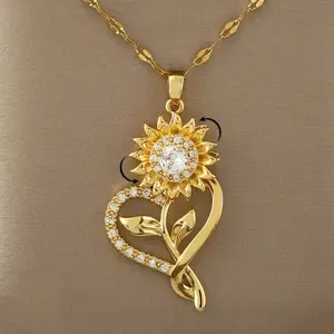 360° Rotating Sunflower & Heart Pendant Necklace 18K Plated Synthetic Zirconia Jewelry Elegant Sparkling Dangle Chain Ideal Birthday Christmas Gift for Women Stylish Accessory