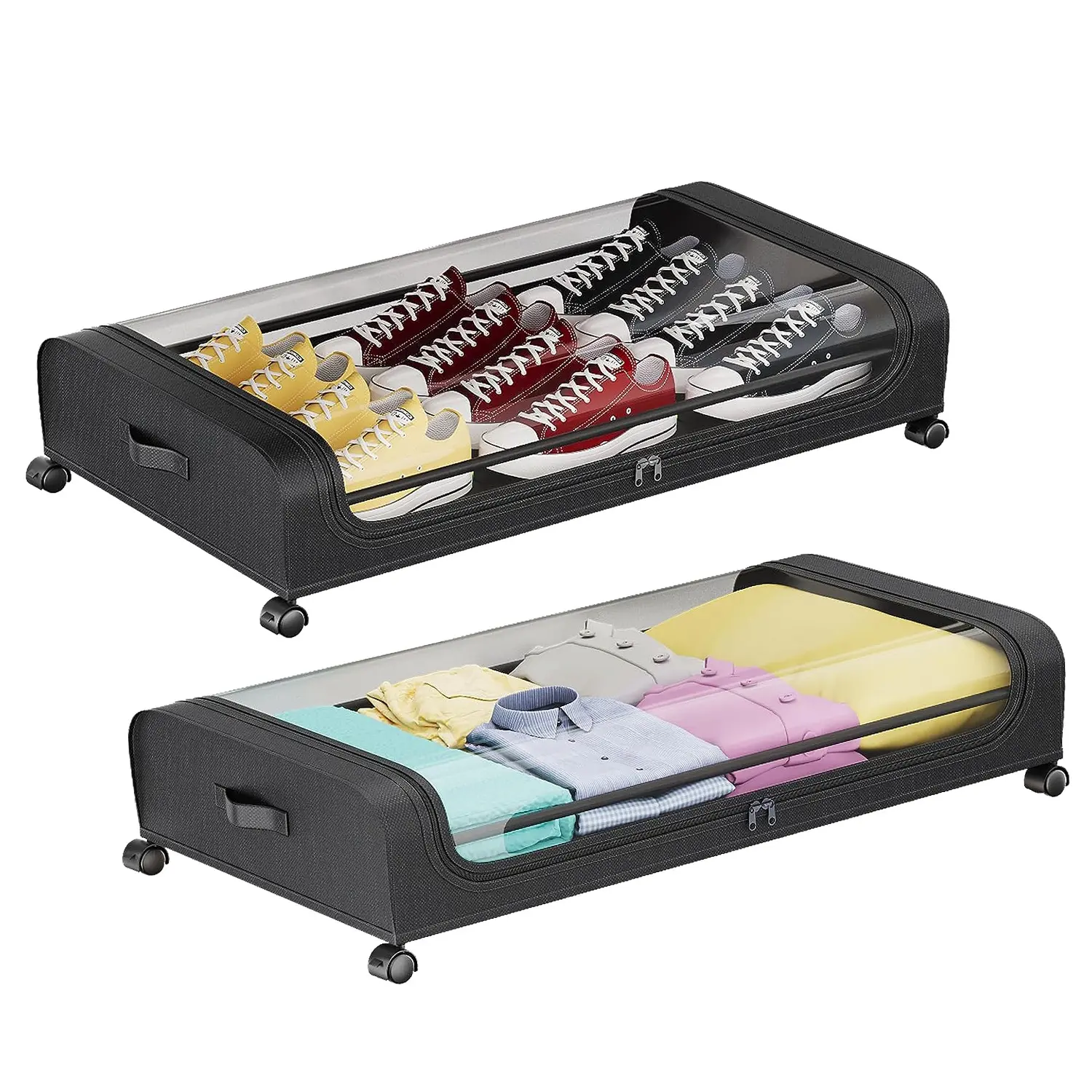 2 Pack Rectangle Underbed Storage Containers with Lids - 42L (11 gal) Transparent Durable Space Saver, Smooth External PU Fabric Organizer with Wheels, Reinforced Handles, Window, Custom Label Slot - Easy to Install, Stackable for Bedroom, Closet