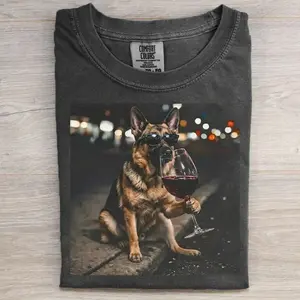 German Shepherd Drinking Wine T-shirt, Vintage 90s Dog Meme Graphic Tee, Animal Lover Shirt, Unisex Fit Design, Gift for Men and Women