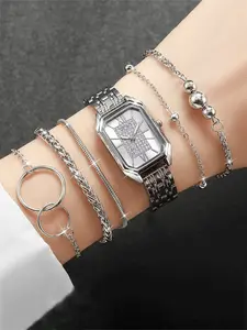 6 Pcs/set Women's Fashion Watch Rectangle Dial Quartz Watches Steel Band Silver Ladies Wrist Watches Bracelets Set