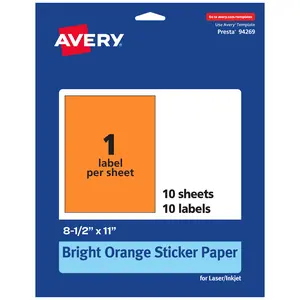 Avery Bright Orange Sticker Paper, 8.5" x 11" Rectangle