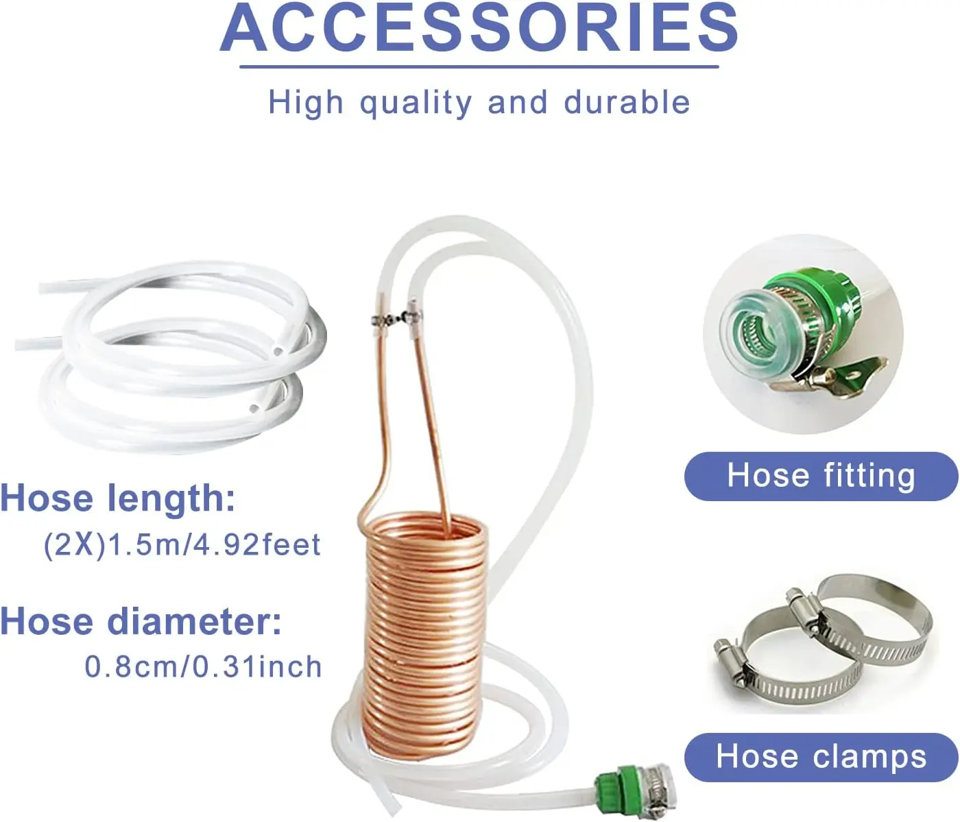 YUEWO 26 ft Copper Immersion Wort Chiller Coil - Efficient Cooling, Quick Cool Function, Vinyl Tubing, 4.92 ft Hose, Fitting, 2 Hose Clamps, Ease of Use for Homebrew Beer Brewing (Kitchenware Bar Wine Utensils)