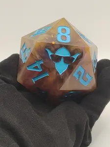 85mm “Infernal Reliquary Chonk” D20 – Handmade Giant DnD Die with Captured Flames & Smoke Whisps, Metallic Turquoise Numbers