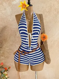 VRONA Two Tone Striped Front Tie Playsuit Romantic Floral Beachwear Boho Trend