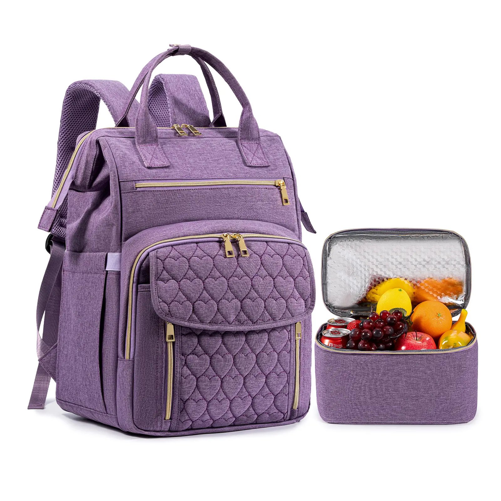 Adults' 2-Piece High-Capacity Lightweight Lunch Backpack Set - 15.6-Inch Oxford Cloth Laptop Daypack, Matching Insulated Cooler Bag, Zip Closure, Heart Pattern, Multi-Pocket for Work/Travel, Multi-Function