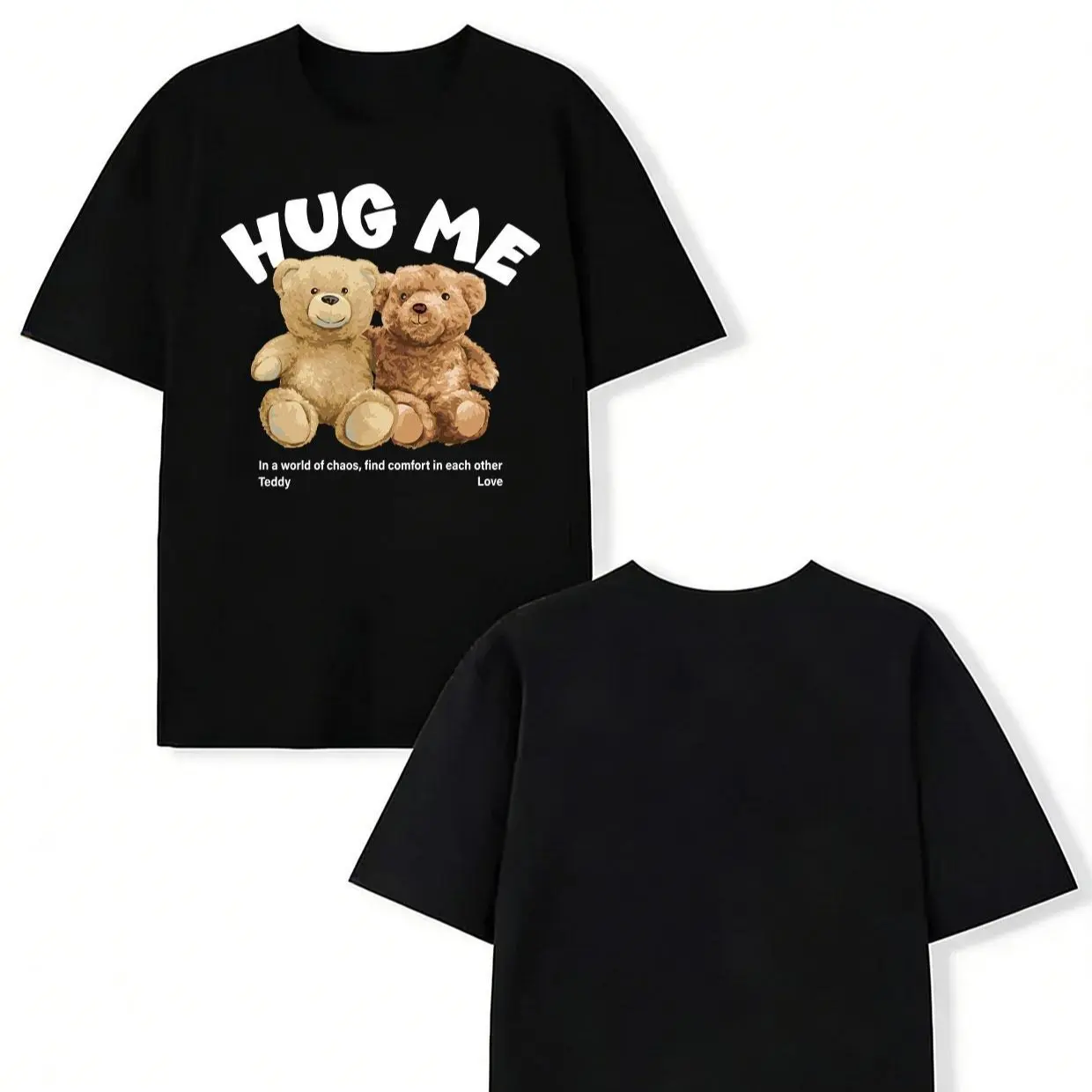 Soft Cotton Graphic T-Shirt with Textured Teddy Bear "Hug Me" Quote Print, Unisex Casual Relaxed Fit Short Sleeve for Matching Couples