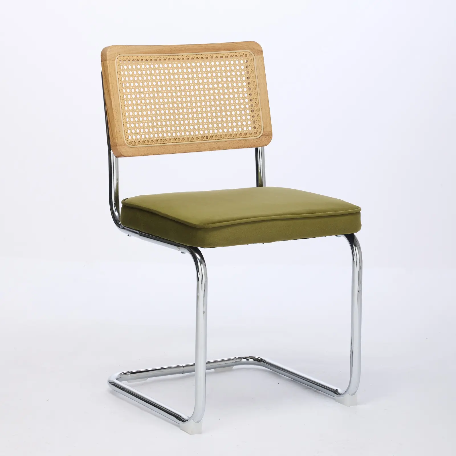 Mid Century Modern Dining Chairs Set of 2 - Olive-Green Velvet Upholstered Breuer-Designed Chairs with Natural Cane Back, Stainless Chrome Base for Kitchen & Dining Room