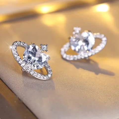 Heart & Planet Design Stud Earrings, As Valentine's Day Gift, Luxury Rhinestone Decor Stud Earrings, Ideal Fashion Matching Jewelry Valentine's Day Gift, Heart Shaped Earrings, Sparkling Ear Jewelry, Earrings Studs