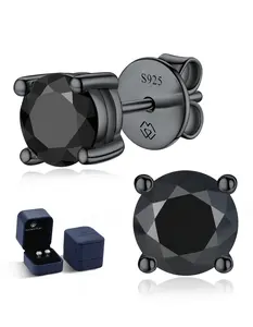【#11-12 All Black Stud】MomentWish Black Synthetic Moissanite Stud Sterling Silver Earrings for Women/Men