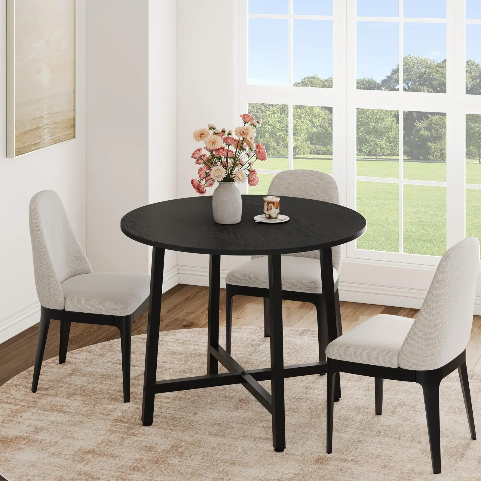 Garvee 31.5in Round Farmhouse Dining Table - Compact, Water-Resistant Wood Surface, Sturdy Black Steel Frame, 220 lbs Capacity, Ideal for Small Kitchens & Breakfast Nook (Seats 4)