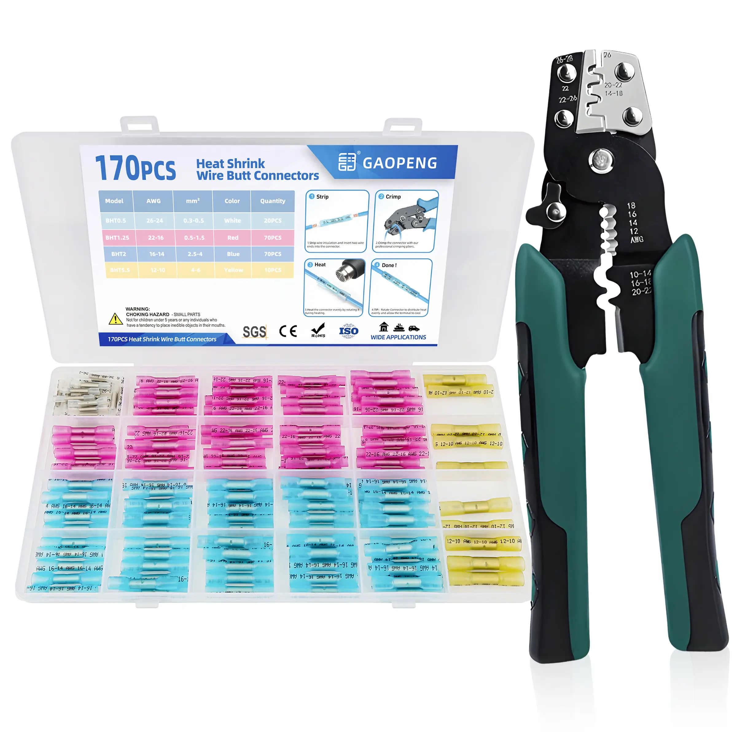170pcs heat shrink wire connectors + Multi-function Wire Stripper kit, waterproof insulated electrical terminals for automotive and marine use,durable and reliable cable connectors, Universal Connector, Waterproof Connector Set, Wiring Kit