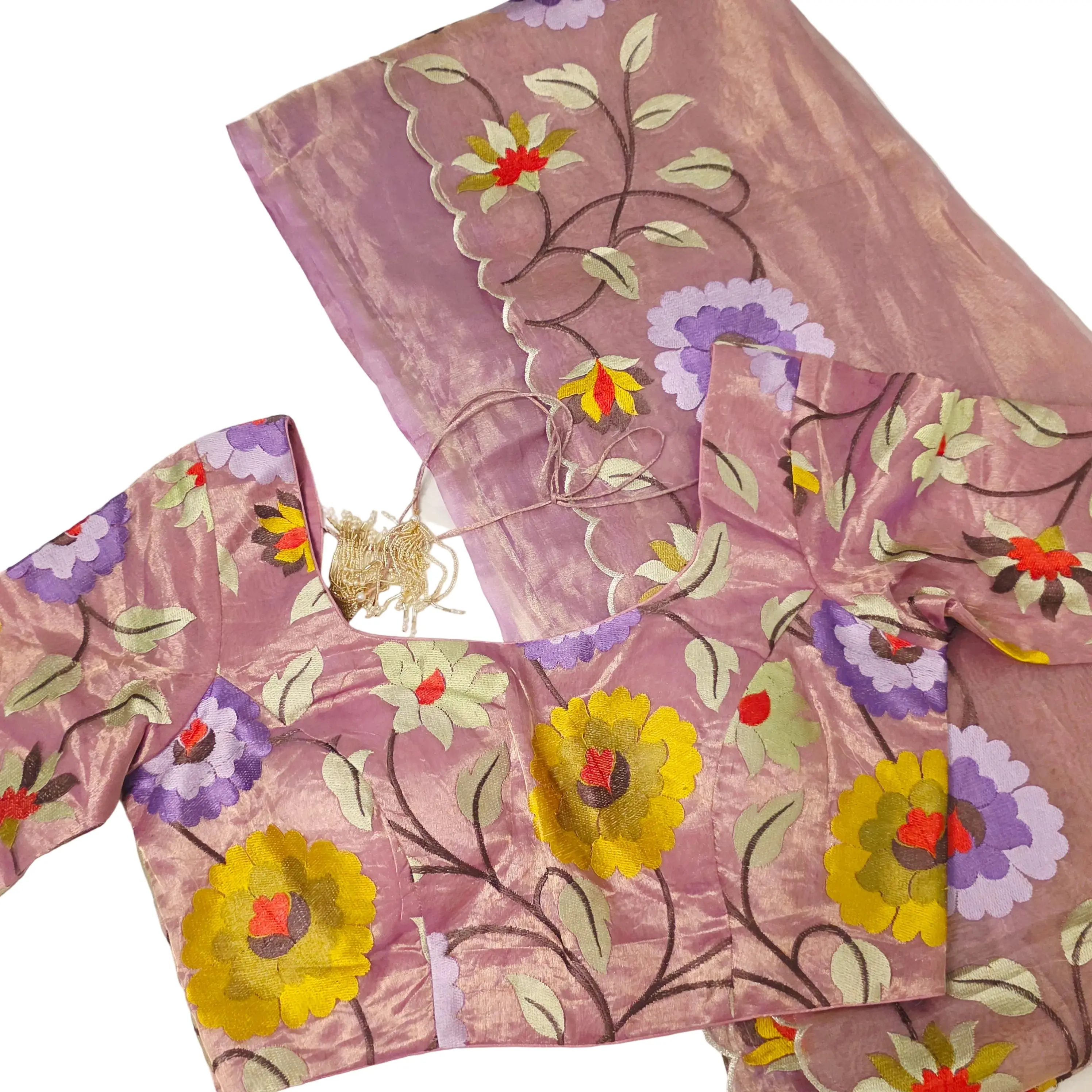 Reyavogue Women's Purple Banaras Tissue Saree With Floral Embroidery and Self pattern blouse
