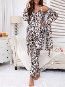 Women's All Over Leopard Print Pajama Three-Piece Set, Casual Comfy Chic Lounge Set for Women, Comfy Loungewear Set for Daily Home Wear, Nightwear