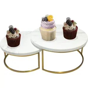 2-Piece Round Marble Cake Stand Set - 9.5 and 7.9 Inch Marble & Gold Dessert Display for Wedding,