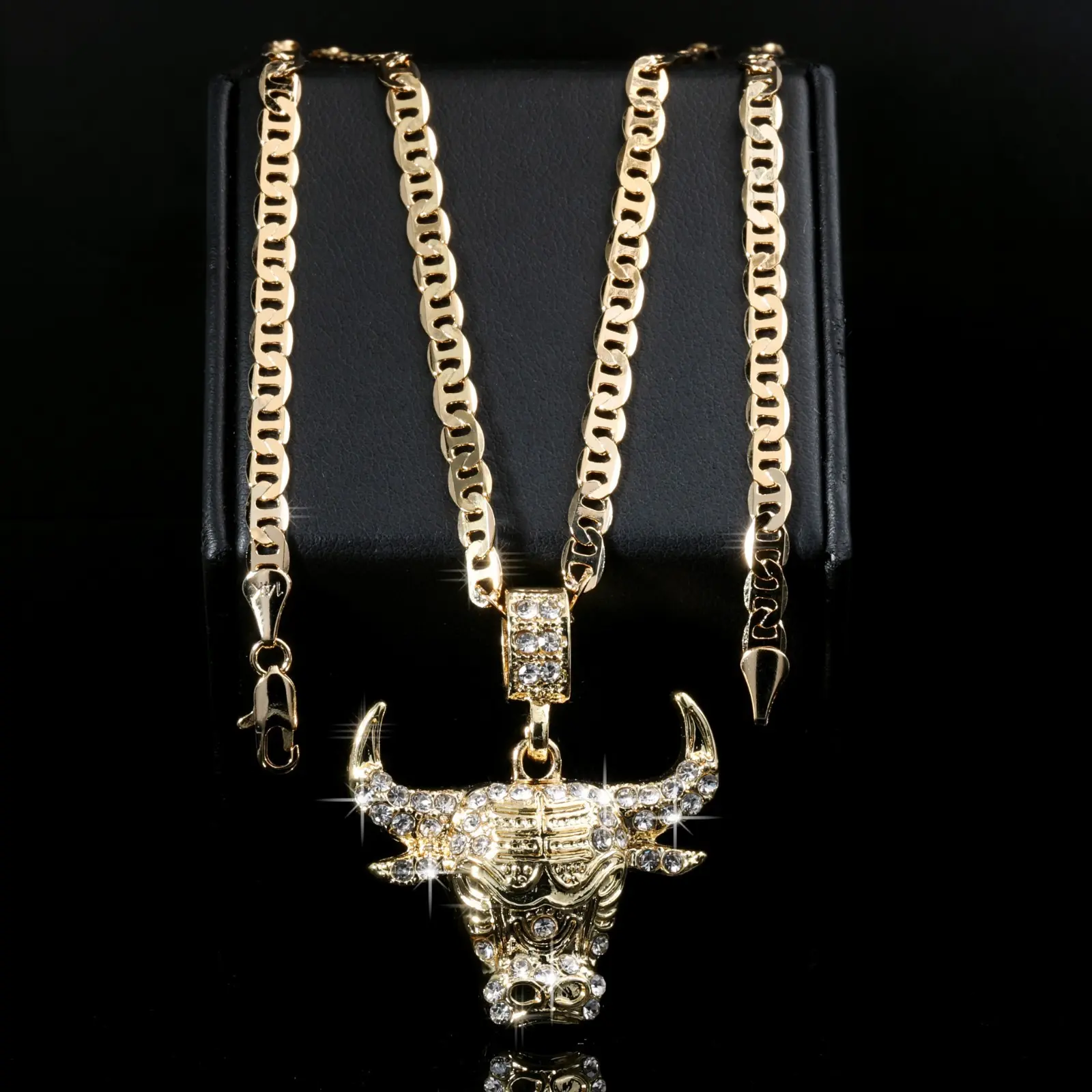 MaxBling81 Iced Bull Pendant Necklace - 14K Stamped 4mm 20" 24" Mariner Chain, Unisex Gold Plated, Necklace for Everyday Wear, Chain Links Necklaces, Cuban Logo Necklaces