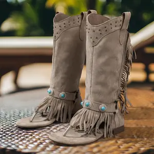 Women's Western Boots Faux Suede Tassel Decor Studded Details Turquoise Buckle Ankle-Hugging Chunky Heels for Stability Comfort Tall Profile Elongate Legs Perfect for Vacation Travel Casual Outings Girlfriend Getaways Bohemian