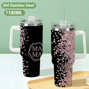 40oz large capacity car watter bottles with lid and handle, 304 stainless steel insulated tumbler with Pink glitter surrounds the MAMA pattern, suitable for car, office, travel and birthday gifts