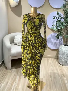 PULKRITU Elegant Women's All Over Print Long Sleeve Bodycon Maxi Prom Dress, Formal Wear, Fashion Evening Gown, Perfect for Birthday Parties and Special Occasions, Ladies Dress, Female Brunch Dress, Graduation Dress
