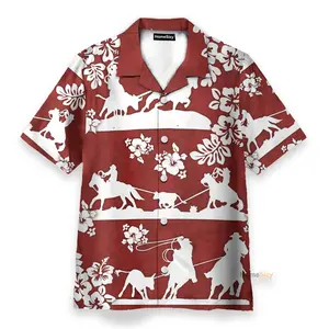 Horse Racing Cowboy Red Team Roping - Hawaiian Shirt Personalized Retro Hawaiian Shirt Summer Shirt Gift For Him Gift For Her Father Gift Mother Aloha Shirt Beach Outfit Floral Tropical Hawaii Shirt