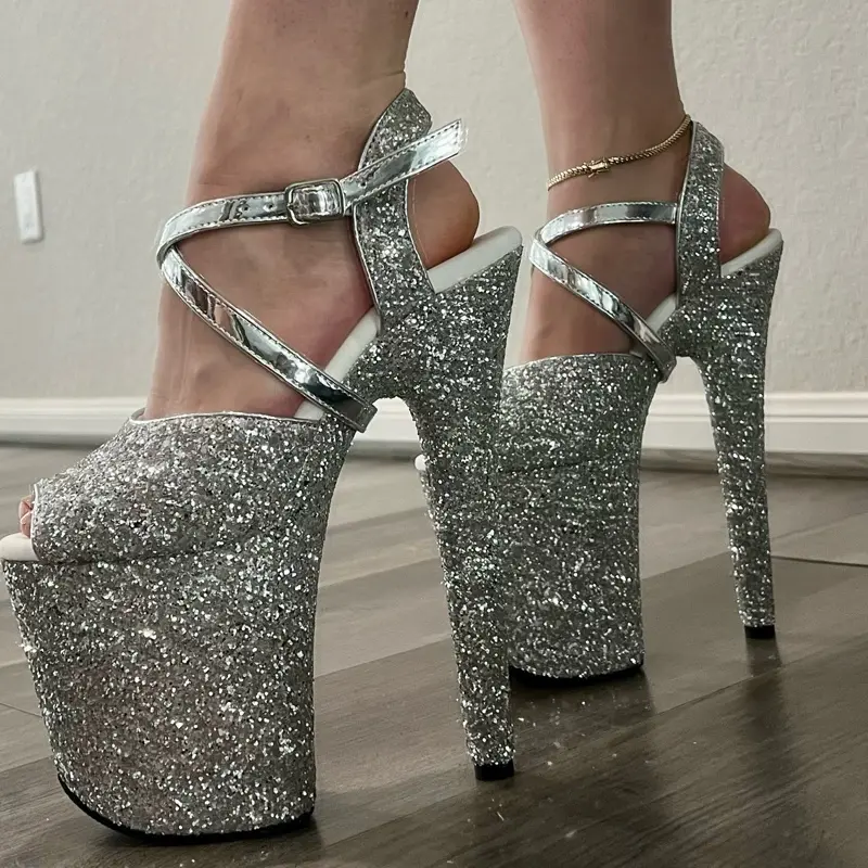 8" Heels for Professional Pole Dancers - Sparkly Silver Glitter Design with T-Strap Closure