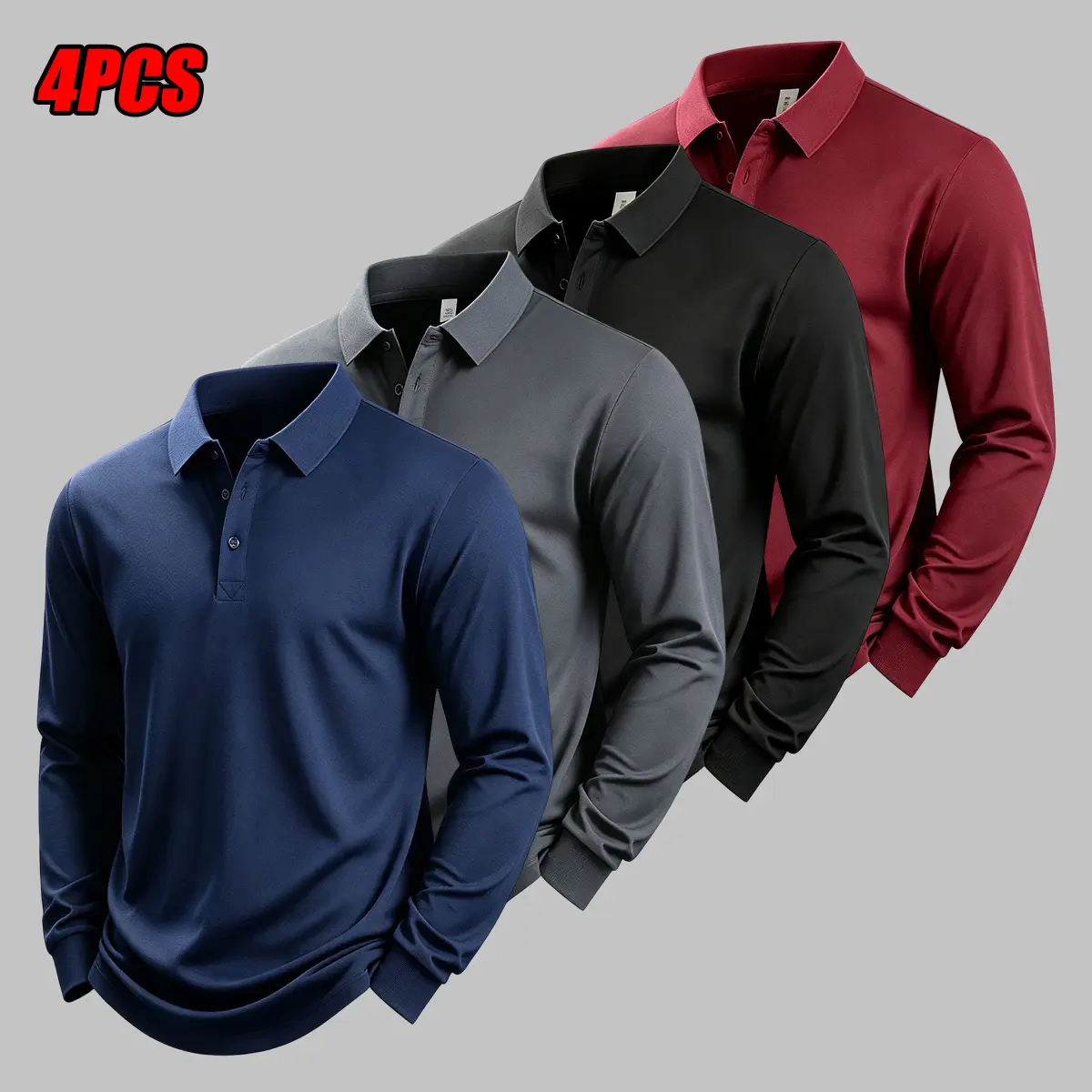JOGWAVE 4PCS Menswear Plain Stand Collar Long Sleeve Polo Shirts, Lightweight Pullover, Button-Front Top for Early Autumn & All Seasons, Suitable for Casual Sports & Office Wear