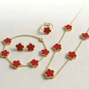 Female Stainless Steel 4-Piece Costume Jewelry Set - Necklace Chain with Pendant, Earrings, Bracelet, Alloy Ring for Daily Wear, One-Size