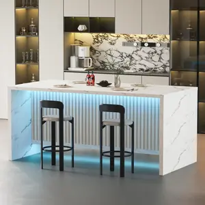 71'' Faux Marble Dining Table Comfortably Seats 6 with LED Lights, 37.4'' Tall Modern Kitchen Island Table