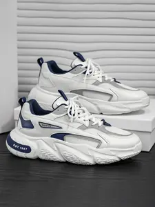 Men's Sporty clunky Sneakers, PU Leather Colorblock Design, Breathable Mesh, Thick Sole, All-Season Casual Walking Shoes, Trendy Multi-Color
