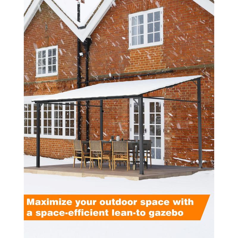 GARVEE 10x12FT Lean to Gazebo, Hardtop Wall Pergola with Polycarbonate Roof, Aluminum Frame Mounted Gazebo for Lawn Patio Deck Yard and Party