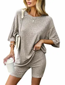 Pajamas 2 Piece Lounge Sets Ribbed Knit Matching Outfits T-shirt Biker Shorts Sleepwear Loungewear Sweatsuits
