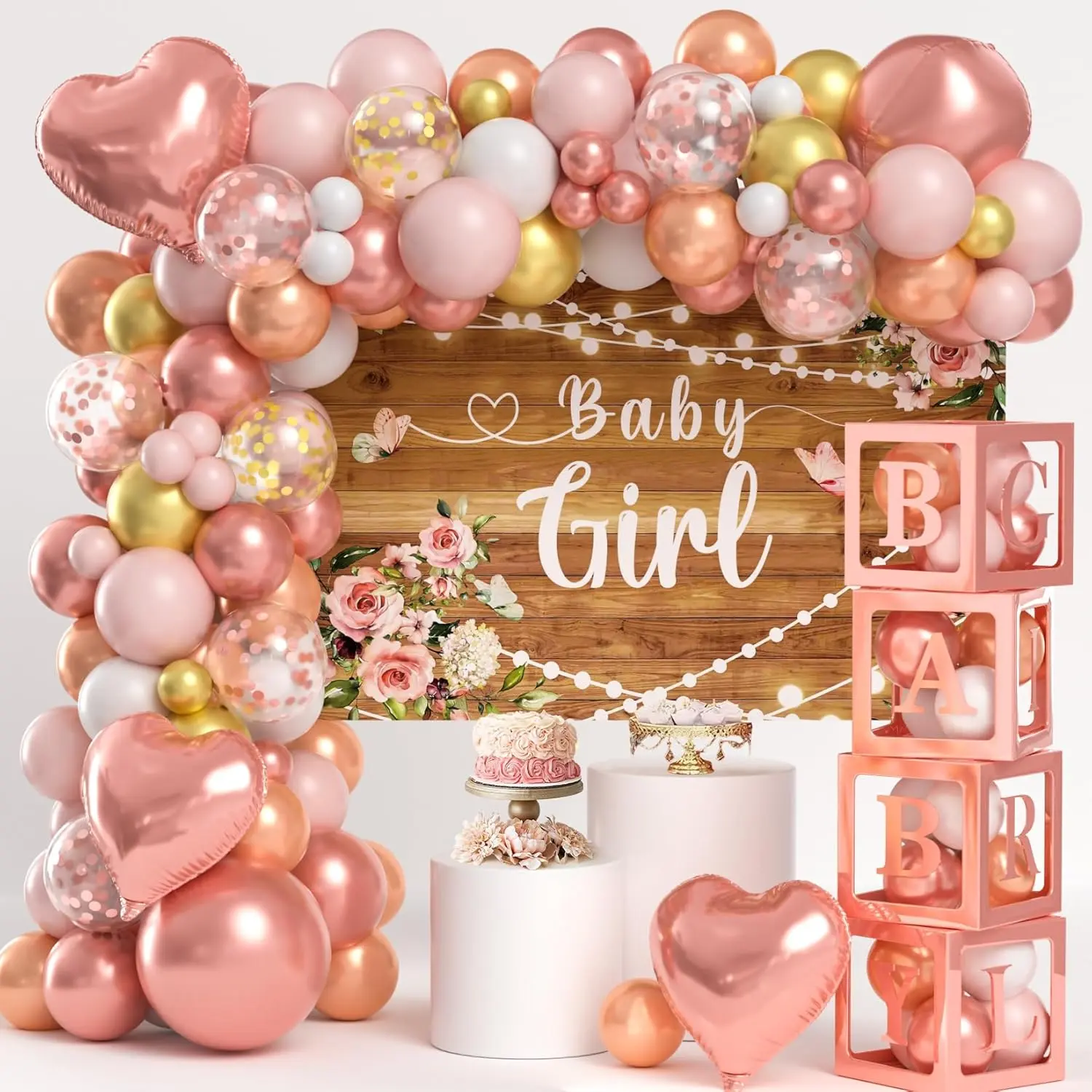 Floral Baby Shower Kit for Girls Rose Gold & Pink Balloon Arch, Baby Boxes, Photo Backdrop