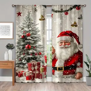 2-Piece set, Holiday Santa and Christmas tree print curtains - with snowflake and glass ball pattern, translucent, rod pocket design, suitable for living room kitchen dining room bedroom home decoration - Christmas decoration, Net Curtains Window