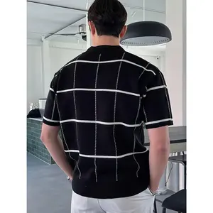 New summer fashion men's pullover crew-neck plaid-patterned T-shirt top, men's short-sleeved Casual Streetwear Black Menswear Tshirt Tropical Crewneck Bestie Wetsuit Checked