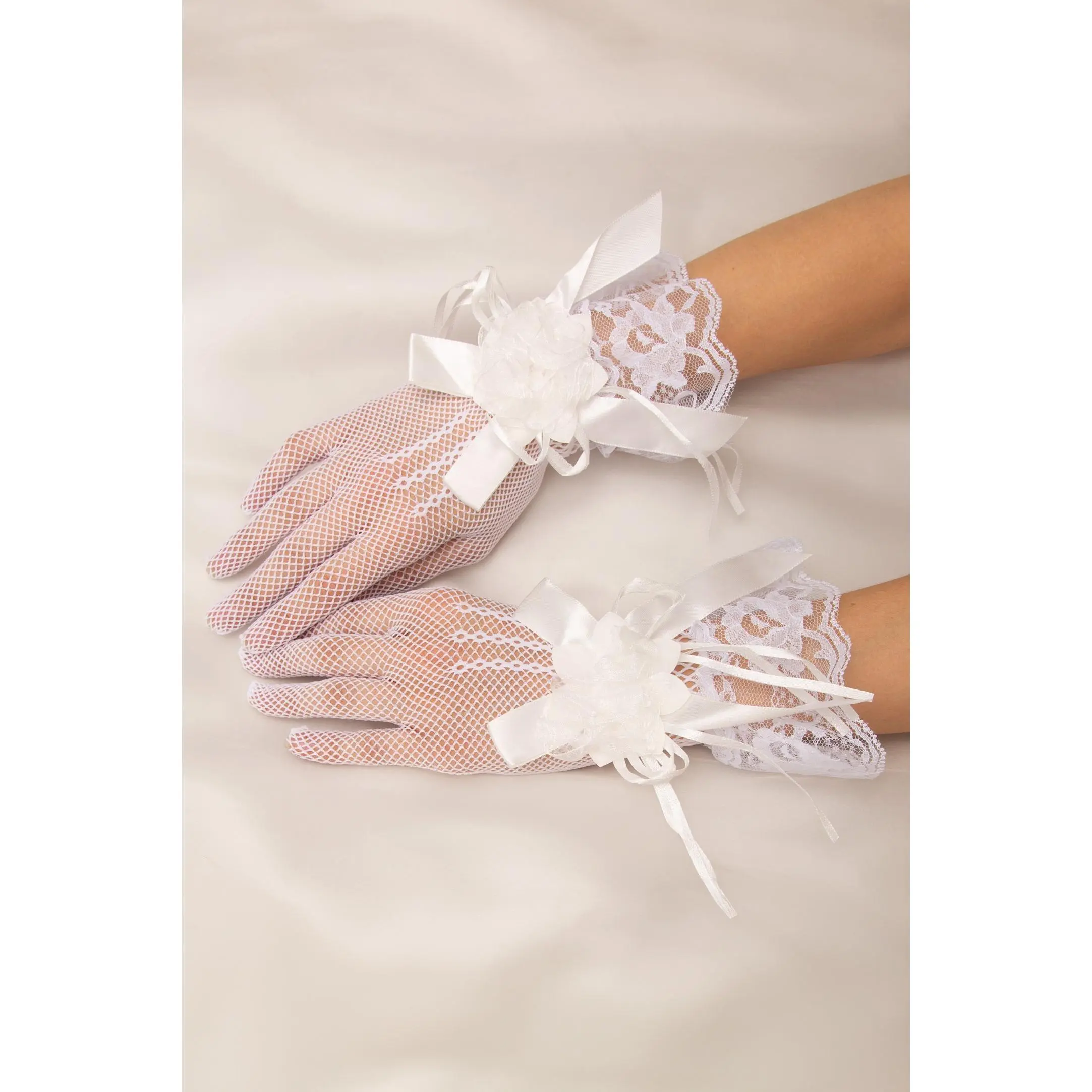 Eliza Fishnet Wrist-Length Gloves with Organza Rosette