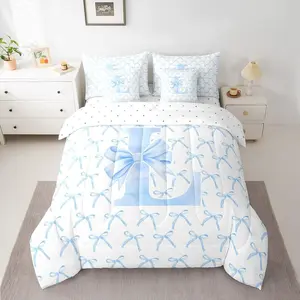 7 Pcs Cartoon Bowknot Kids Comforter,Blue Bow Tie Letter L Knot Princess Girls Bedding Set,Watercolor Bow Patchwork Blue White（Comforter+Fitted+Flat+2 Pillowcases+2 Throw Pillow Covers）