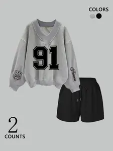Two-Piece Set Women's Vneck Long Sleeve Number Print Sweatshirt & Jogger Pants Set, Casual Fashion Cozy Breathable Two-piece Outfits for Daily Outdoor Wear, Women Clothes for Fall & Winter, Suits, Womenswear