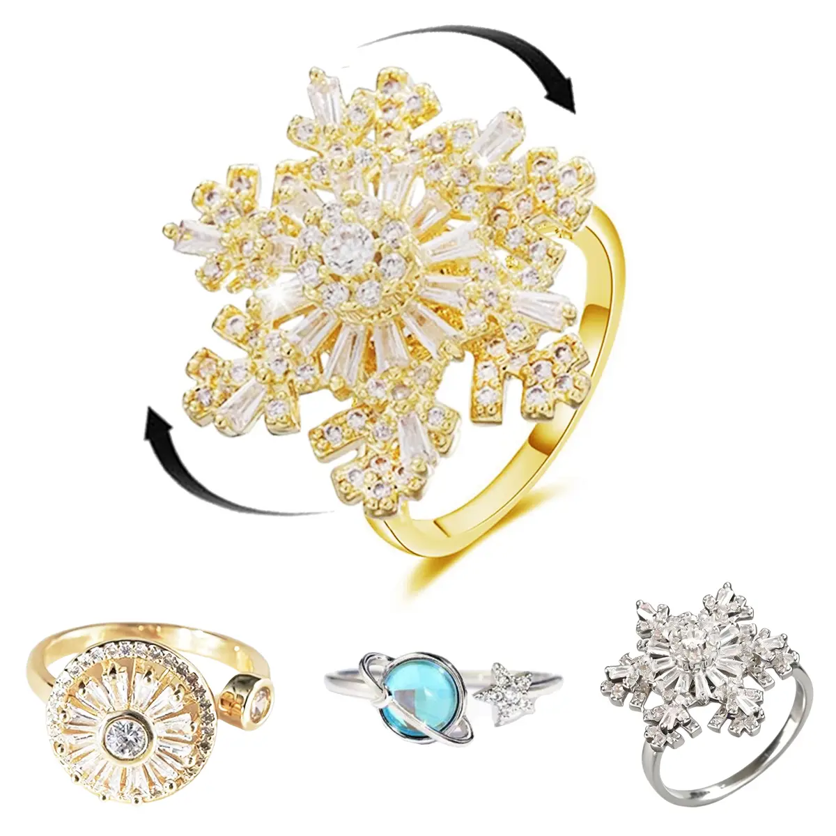 Fidget Ring for Women - Open Adjustable Spinner Rings Gold Anxiety Crystal Rings Cubic Zirconia Fidget Ring for Men Trendy Jewelry