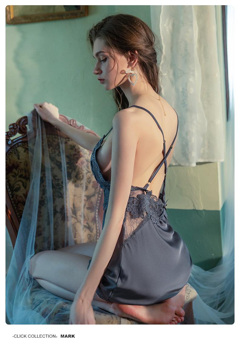 Floral Lace Patchwork Satin Chemise Nightgown | Sexy Backless Sleepwear Lingerie Dress with Bow Detail for Women | Elegant V-Neck Nightie