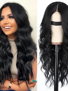 Black Wig for Women, Long Wavy Lace Hairline Middle Part Synthetic Curly Wavy Heat Resistant Wig for Daily Party-26 Inch