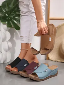 Summer New Wedge Sandals, Soft Sole Anti-Slip Flip Flops, Outdoor Thick Bottom Open Toe Platform Comfortable Casual Slippers, PU Leather Rubber Sole, Women