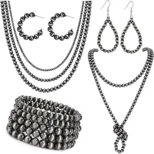 Navajo Pearl Jewelry Set for Women Navajo Pearl Necklace Beaded Bracelet Navajo Dangling Earrings Multilayer Boho Vintage Choker Necklace Western Jewelry for Cowgirl