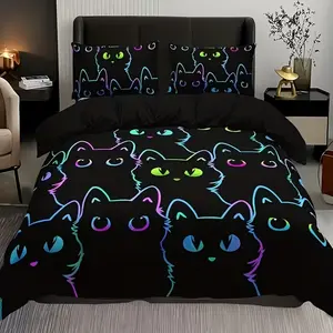 3pcs Cat Print, Includes Duvet Cover and Pillowcases, 100% Polyester, Bedroom and Guest Room Use, Modern Bedding Set