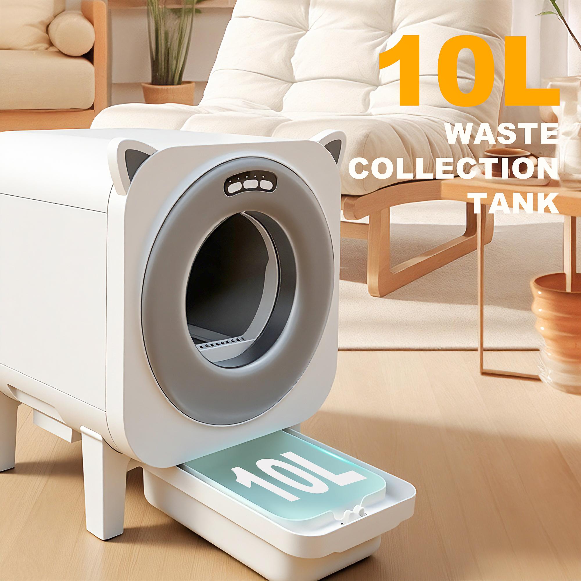 65L large-capacity smart automatic cat litter box, accommodates up to 8 kg large cats, 10 L waste collection bin, app-controlled remote operation, odor control and antibacterial features, one-touch smart litter replacement