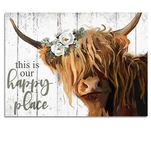 Highland Cow Wall Art This Is Our Happy Place Inspirational Canvas Poster for Home Long Haired Scottish Cow with White Flower Picture Farmhouse Kitchen Decor Framed